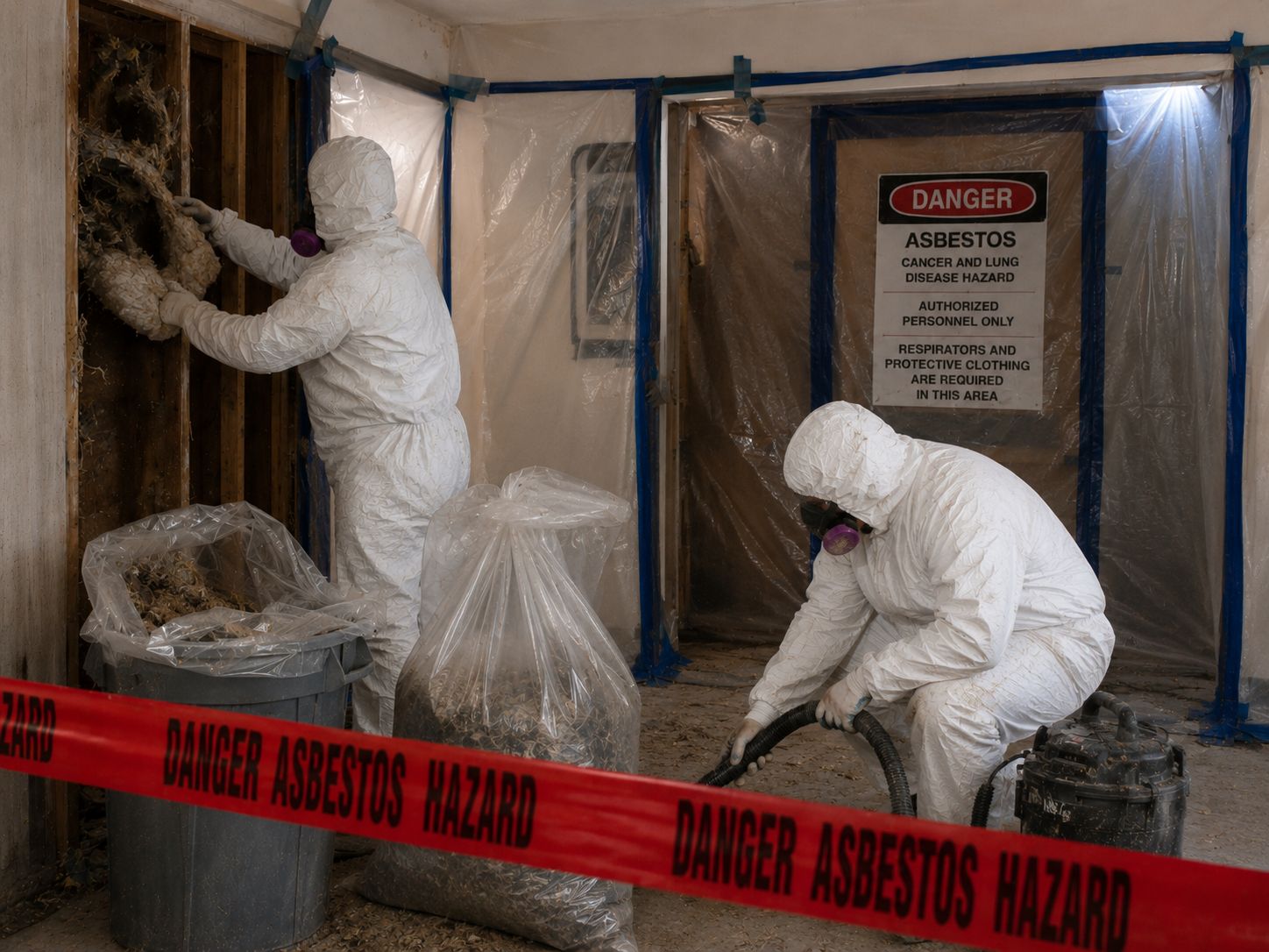 Two certified technicians performing asbestos abatement with containment